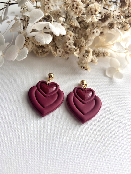 "Valiera" - Merlot Színű Dupla Szív Polymer Fülbevaló