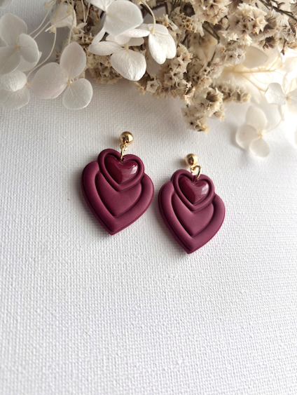 "Valiera" - Merlot Színű Dupla Szív Polymer Fülbevaló